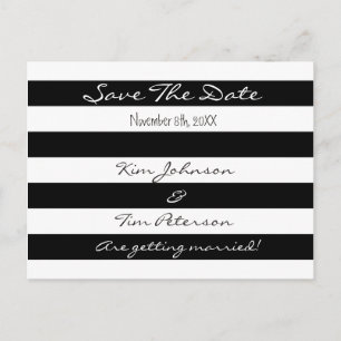 Anúncio Cartão Postal de Save The Date Listrado Preto e Br