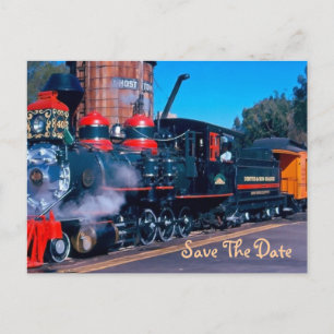 Anúncio Cartão postal de trem vermelho para salvar a data