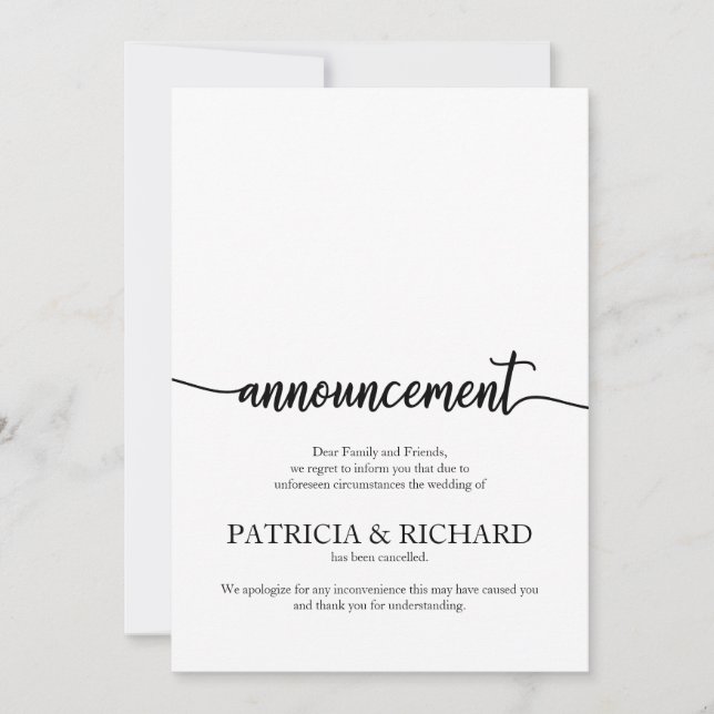Anúncio Casamento Cancelado Caligrafia Elegante (Frente)