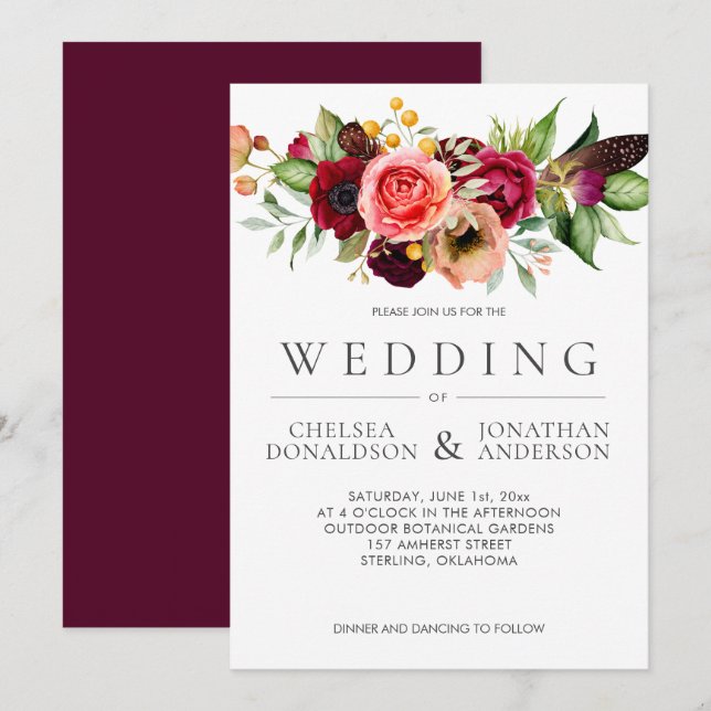Anúncio Casamento com Floral Boêmio em Borgonha e Pena | (Frente/Verso)