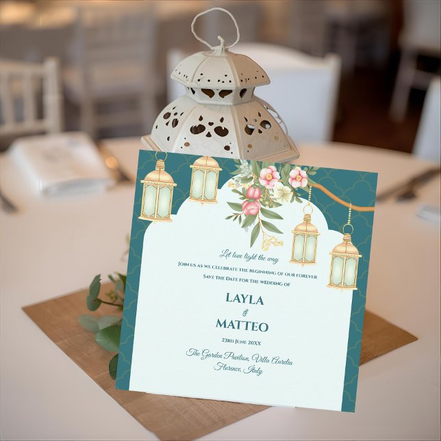 Anúncio Casamento com Lanterna Dourada Floral Azul Teal (Floral Teal Blue Golden Lantern Wedding Announcement)