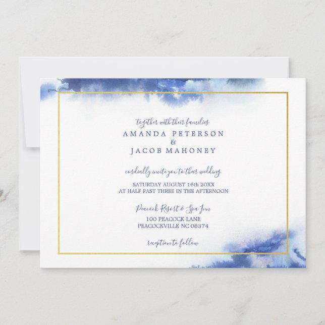 Anúncio Casamento com Moldura Dourada e Mármore Azul Ombre (Frente)