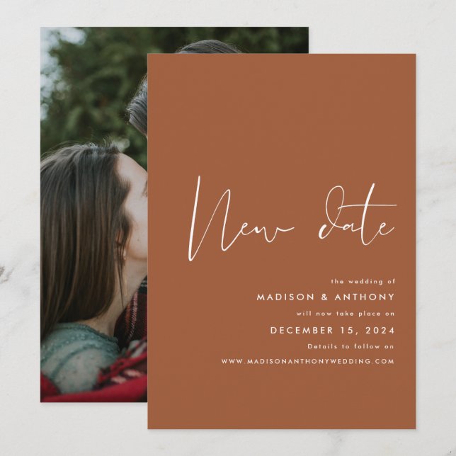 Anúncio Casamento com Nova Data de Foto Minimalista em Ter (Frente/Verso)