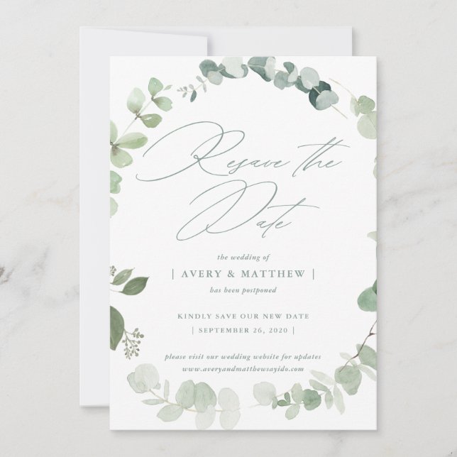 Anúncio Casamento de Eucalipto Elegante Re-Salvar a Data (Frente)