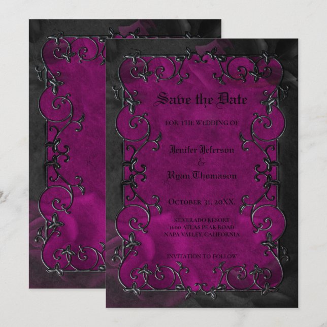 Anúncio Casamento de Halloween em roxo gótico salvar a dat (Frente/Verso)