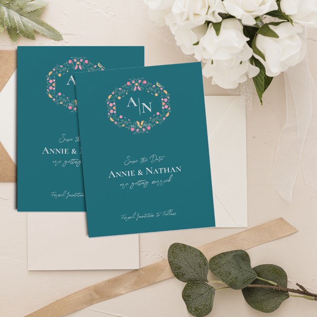 Anúncio Casamento de Moldura Floral com Intrato Verde Mono (Monogram Green Intricate Floral Frame Wedding Announcement)