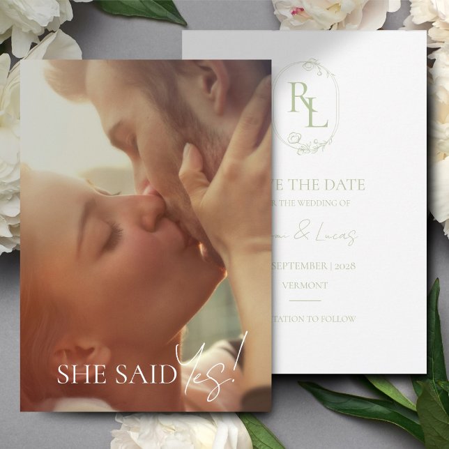 Anúncio Casamento De Monograma Verde Branco Salva A Data (Criador carregado)