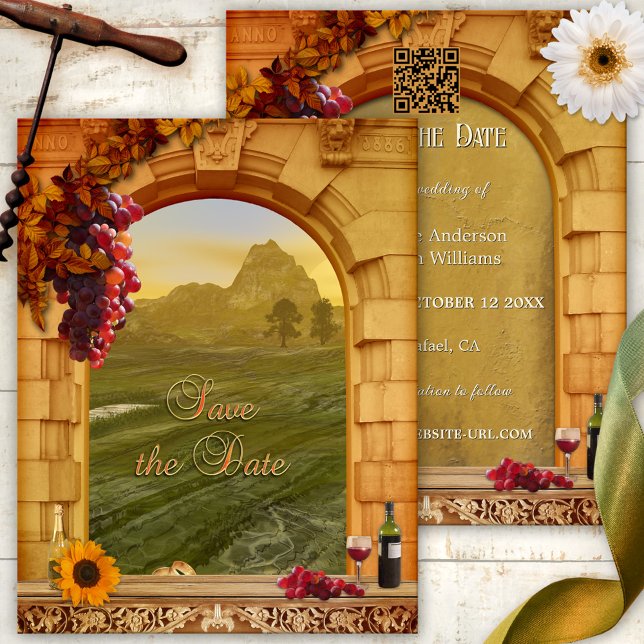 Anúncio Casamento de Vineyard italiano Salvar a Data (Italian Save the Date card with classic Roman arch and grapes with red wine - with QR code template)