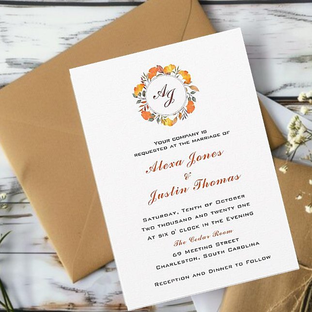 Anúncio Casamento elegante com folhagem de outono monogram (Criador carregado)