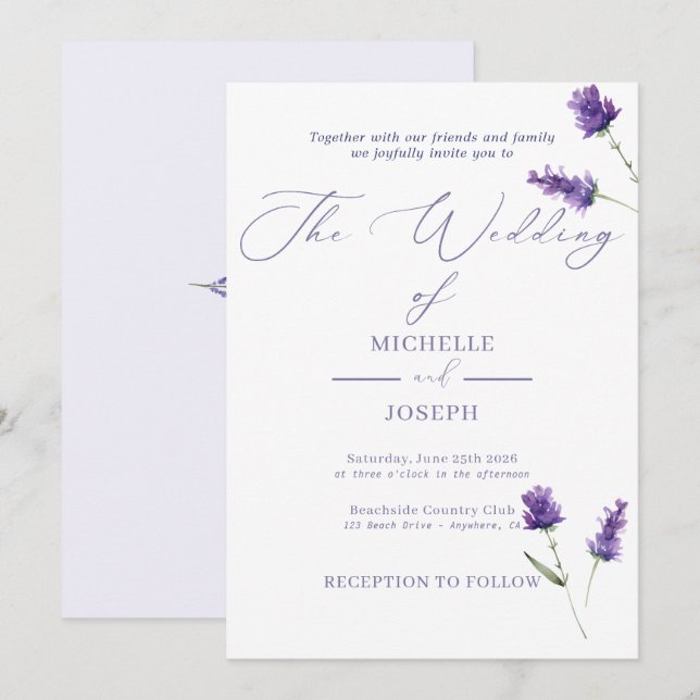Anúncio Casamento Elegante De Aquarela Da Blisa De lavanda (Frente/Verso)