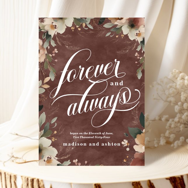 Anúncio Casamento Floral de Garnet para sempre e sempre ru (Announce your love beautifully with our elegant "Forever and Always" wedding cards.)