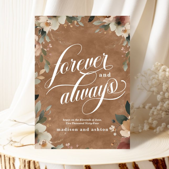 Anúncio Casamento Floral para Sempre e Terracotta (Announce your love beautifully with our elegant "Forever and Always" wedding cards.)
