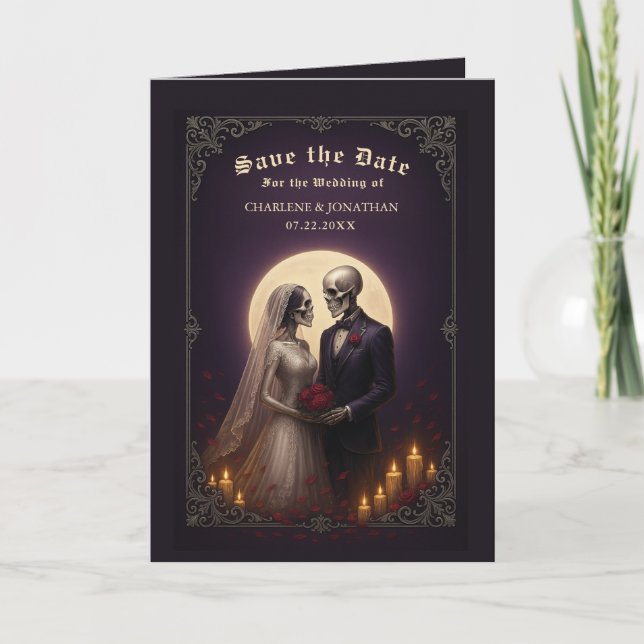 Anúncio Casamento Gótico Esqueleto Casal Roxo Salvar a Dat (Frente)
