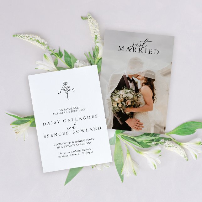 Anúncio Casamento Simples de Script Preto e Monograma Flor (Criador carregado)