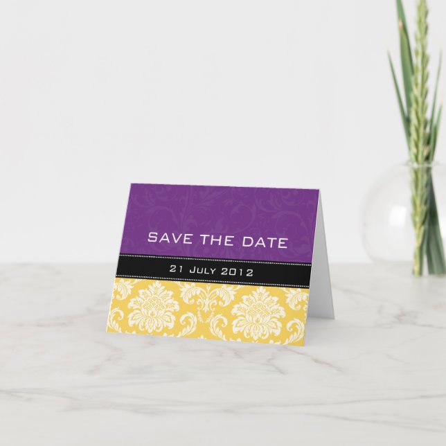 Anúncio Casamento tema damasco Roxo Amarelo Salvar a Data (Frente)