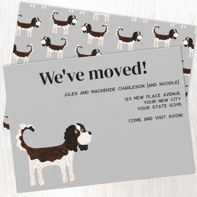 Anúncio Cavalier King Charles Spaniel Dog Movendo Nova Cas (Tricolor Cavalier King Charles Spaniel dog new home moving change of address announcement card)