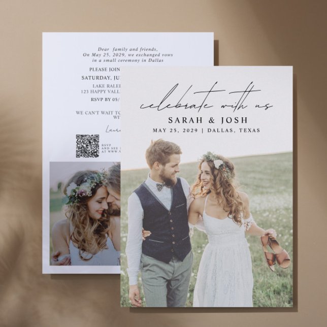 Anúncio Celebração de Código QR com Casamento de Foto Us 2 (Personalize this wedding reception invitation with your photos & personal deets - simple, easy, done)