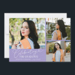 Anúncio Celebrating the Graduate Lilac Multi Photo<br><div class="desc">Modern and whimsical graduation announcement photo card featuring 3 photos on the front and 1 on the back. The text says "celebrating the graduate" in script font. Add the graduate's name,  information,  and message to personalize this card. Lilac.</div>