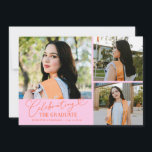 Anúncio Celebrating the Graduate Orange Pink Multi Photo<br><div class="desc">Modern and whimsical graduation announcement photo card featuring 3 photos on the front and 1 on the back. The text says "celebrating the graduate" in script font. Add the graduate's name,  information,  and message to personalize this card. Orange and pink.</div>