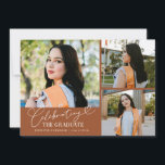Anúncio Celebrating the Graduate Terracotta Multi Photo<br><div class="desc">Modern and whimsical graduation announcement photo card featuring 3 photos on the front and 1 on the back. The text says "celebrating the graduate" in script font. Add the graduate's name,  information,  and message to personalize this card. Terracotta.</div>