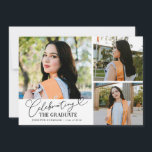 Anúncio Celebrating the Graduate White Multi Photo<br><div class="desc">Modern and whimsical graduation announcement photo card featuring 3 photos on the front and 1 on the back. The text says "celebrating the graduate" in script font. Add the graduate's name,  information,  and message to personalize this card. White.</div>