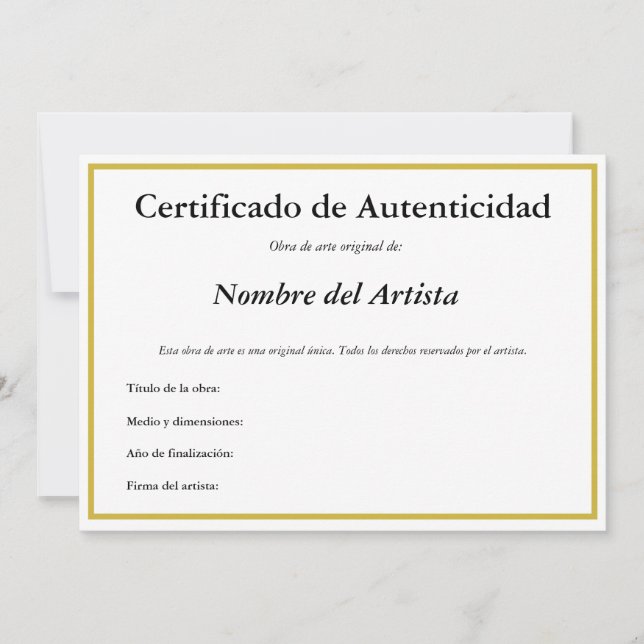 Anúncio Certificado de Autenticidade para Arte em Espanha (Frente)