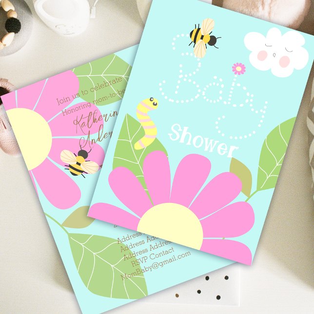 Anúncio Chá de Bebê Abelha Mel Azul (Cute and fun honey bee with flower, cloud and worm design.)