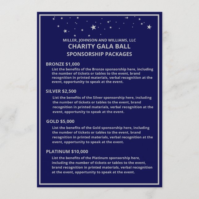 Anúncio Charity Gala Ball Sponsorship Blue Silver Star (Frente)