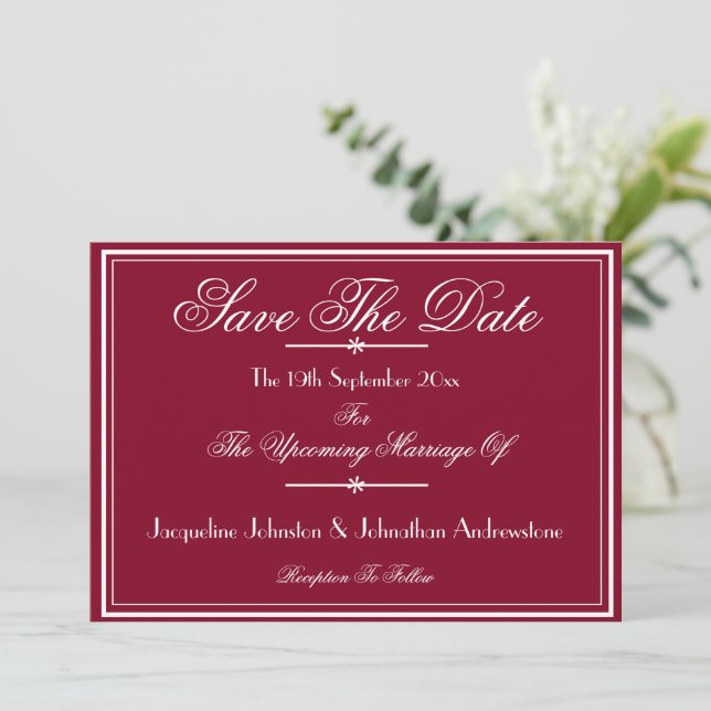 Anúncio Chic White Script Bordas Burgundy Save The Date (Em pé/Frente)