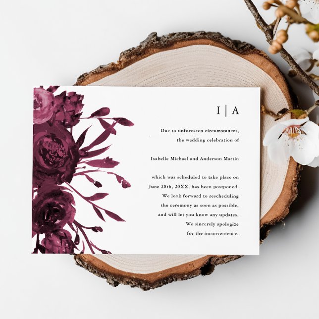 Anúncio Chique Adiamento de Casamento Floral Borgonha (Criador carregado)