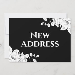 Anúncio Chique Moderno Preto Branco Floral Novo Endereço