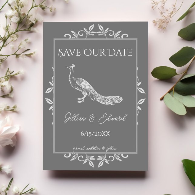 Anúncio Cinza Peacock Flourish (Gray Peacock Flourish Save the Date)