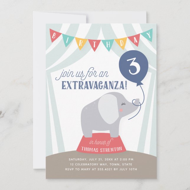 Anúncio Circus Tent Elephant Birthday Extravaganza ANY AGE (Frente)