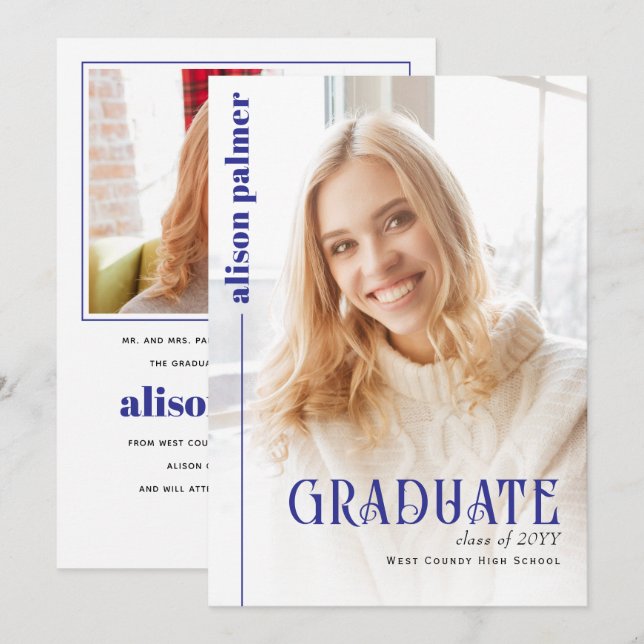 Anúncio Class of 2026 GRADUATE minimalist blue photo (Frente/Verso)