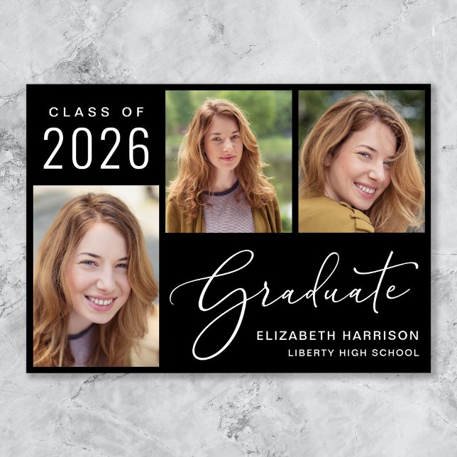 Anúncio Classe de Graduação em Preto com Script de Foto 20 (Cherish the milestone: share your graduate's achievement with a custom photo graduation announcement)