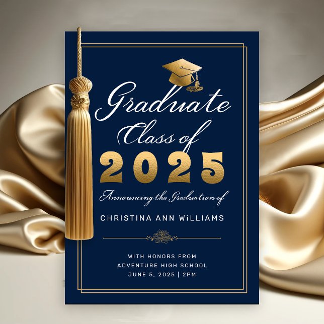 Anúncio Classe de Script Dourado do Marinho Elegante do Fo (Elegant Gold White Script on Navy Blue with thin gold frame Graduation Announcement)
