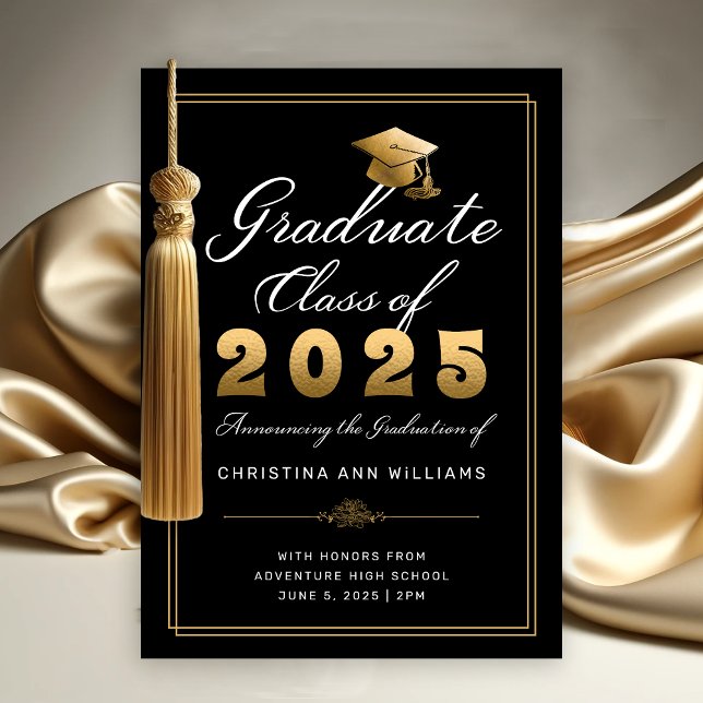 Anúncio Classe Elegante de Script Dourado Preto de Graduaç (Elegant Gold White Script on Black with thin gold frame Graduation Announcement)