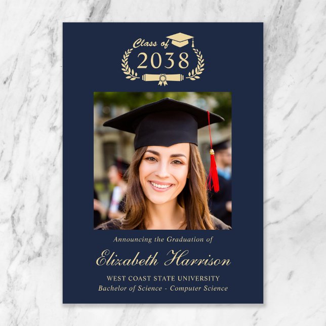 Anúncio Classic Crest Blue Gold Photo College Graduation (Classic Crest Blue Gold Photo College Graduation Announcement)