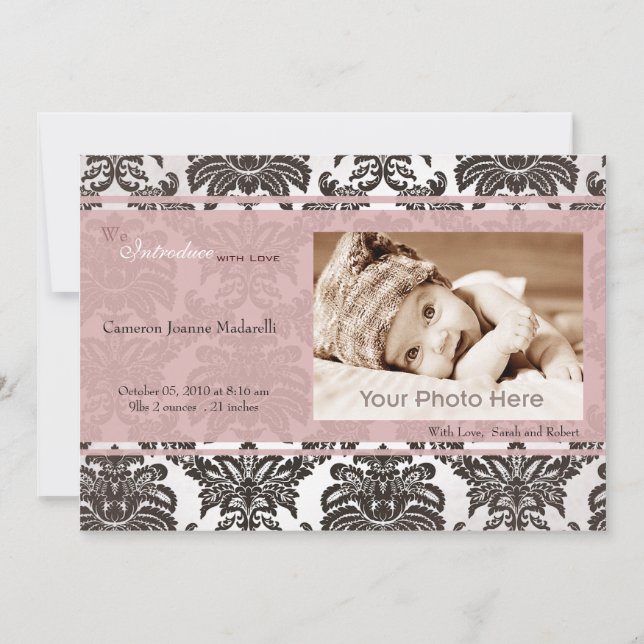 Anúncio clássico de nascimento a preto cor-de-rosa (Frente)