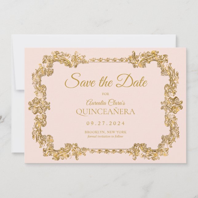 Anúncio Clássico Elegante Blush Dourado Frame Quinceanera  (Frente)
