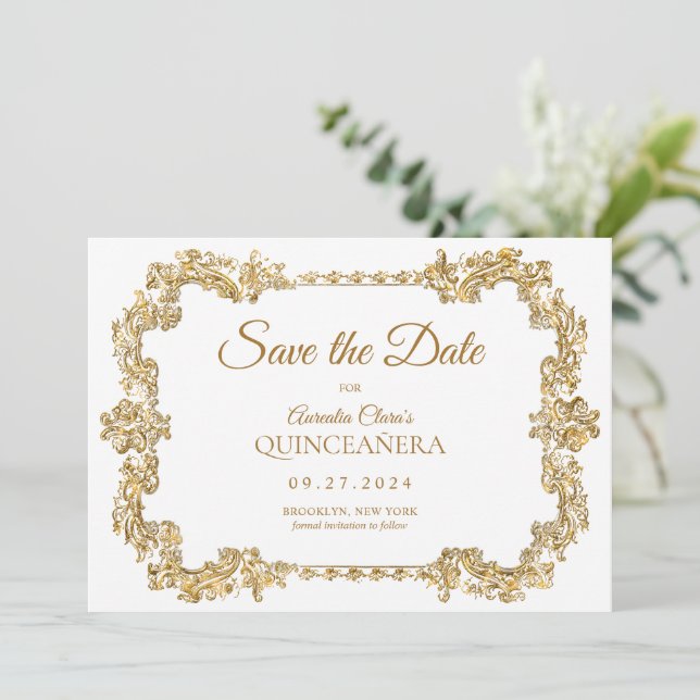 Anúncio Clássico Elegante Ivory White Frame Dourado Quince (Em pé/Frente)