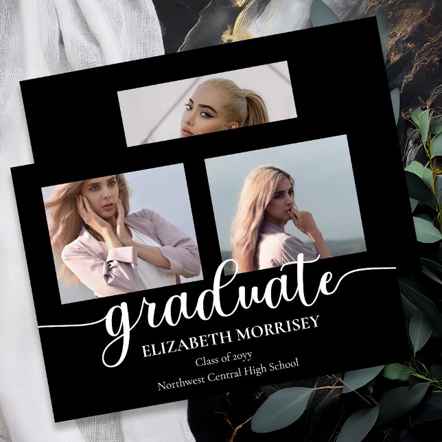 Anúncio Classy Elegant Script Text Graduate 3 Photo (Classy Elegant Script Text Graduate 3 Photo Black | White Graduation Announcement - Print | Digital)