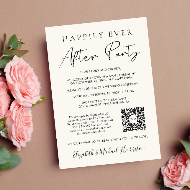 Anúncio Código QR de Foto da Festa Felizes para Sempre Cre (Input you wedding website to automatically generate a scannable QR code)