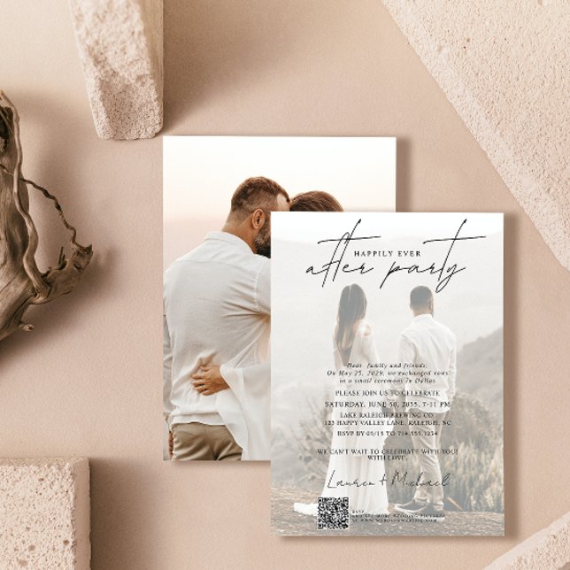 Anúncio Código QR Feliz para Todos Após a Foto do Partido  (Easily personalize this photo wedding reception invitation with your photo and unique details.)