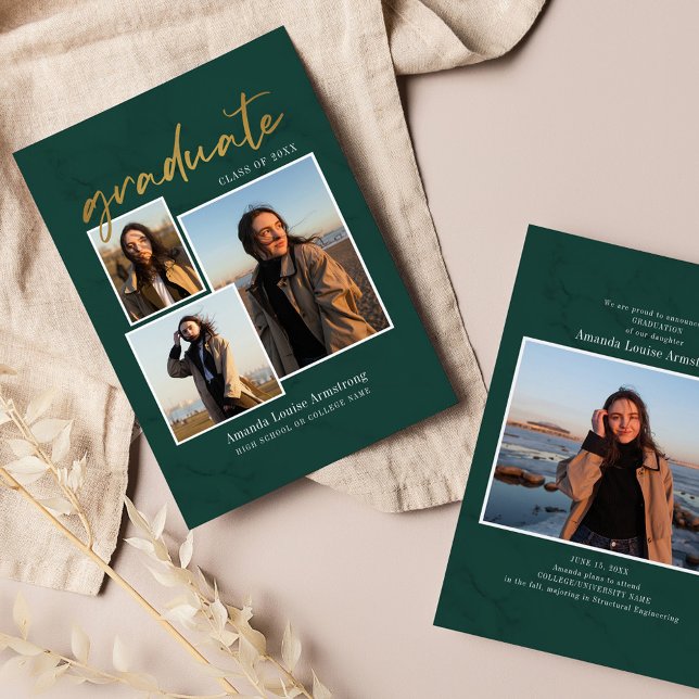 Anúncio Colação de Grau 4 Script de Colagem de Fotos Verde (Graduation Announcement Photo Collage Green Marble Card)
