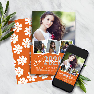 Anúncio Colagem de Fotos de Graduação Floral Laranja-Retro