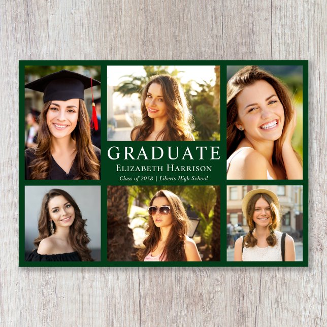 Anúncio Colagem de Fotos Verde Clássico para Formatura (Classic Photo Green Collage Graduation Announcement)