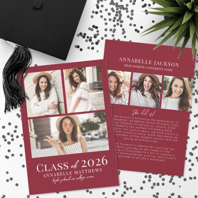 Anúncio Colagem de Fotos Vermelhas de Formatura (Red Photo Collage Graduation Announcement)