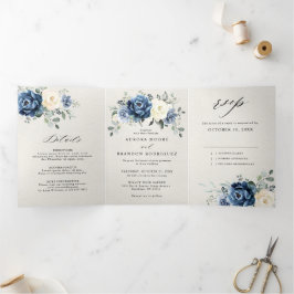 Anúncio Com Dobra Tripla Azul Navy Champagne Marfim Floral Tri-Fold A