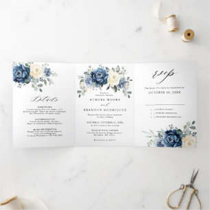 Anúncio Com Dobra Tripla Azul Navy Champagne Marfim Floral Tri-Fold A